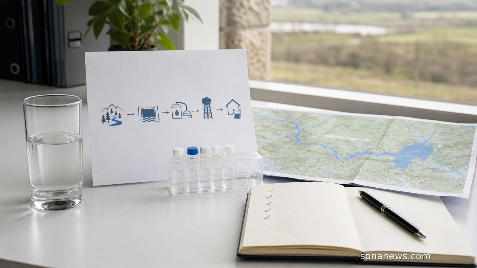 Clear glass, water testing vials and source-to-tap diagram for a WHO drinking-water quality story.