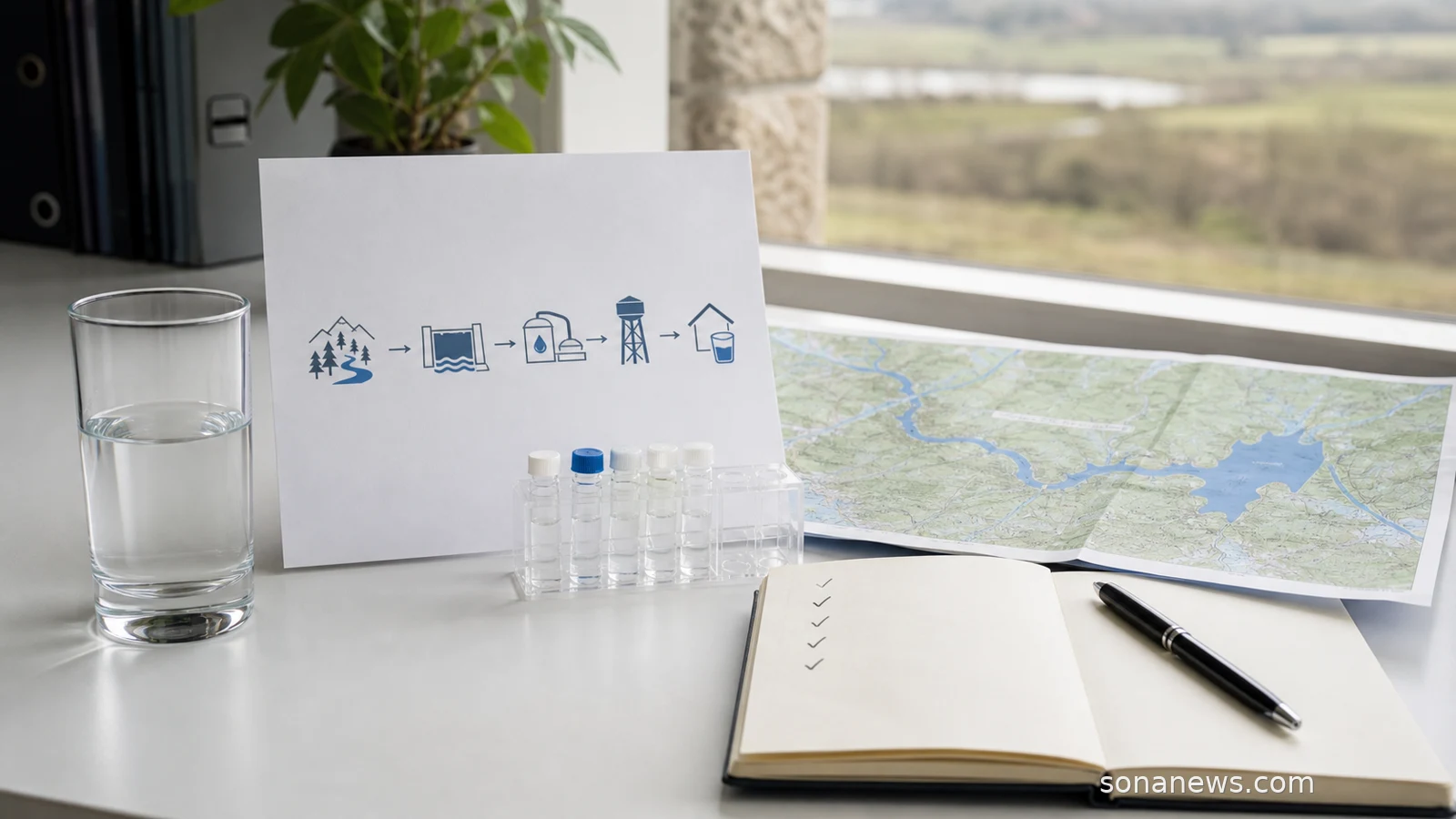 Clear glass, water testing vials and source-to-tap diagram for a WHO drinking-water quality story.