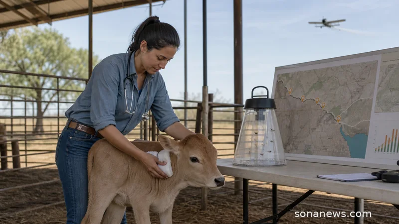 Veterinarian beside a calf, insect monitoring trap and abstract Texas border surveillance map for New World screwworm response.