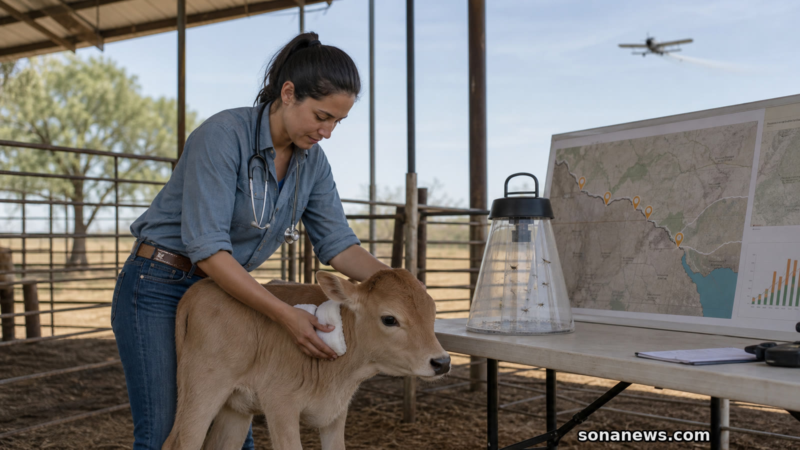 Veterinarian beside a calf, insect monitoring trap and abstract Texas border surveillance map for New World screwworm response.