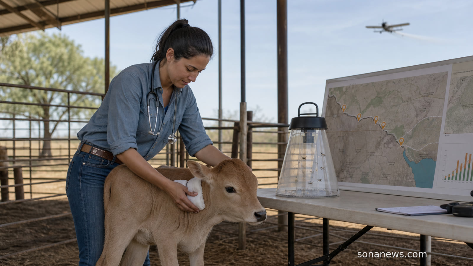Veterinarian beside a calf, insect monitoring trap and abstract Texas border surveillance map for New World screwworm response.