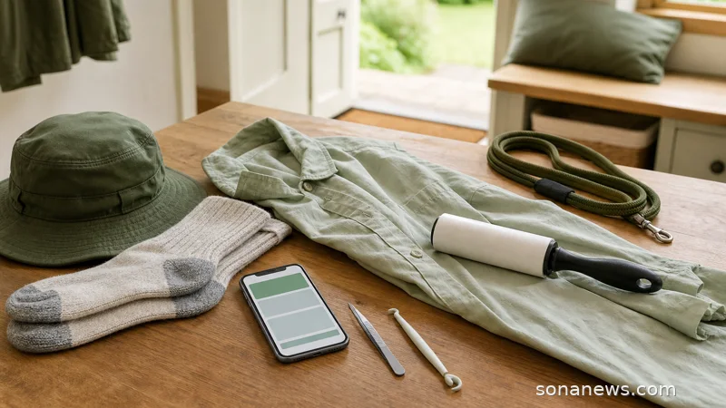 A hallway bench with hiking socks, tweezers and a phone showing a tick check reminder.