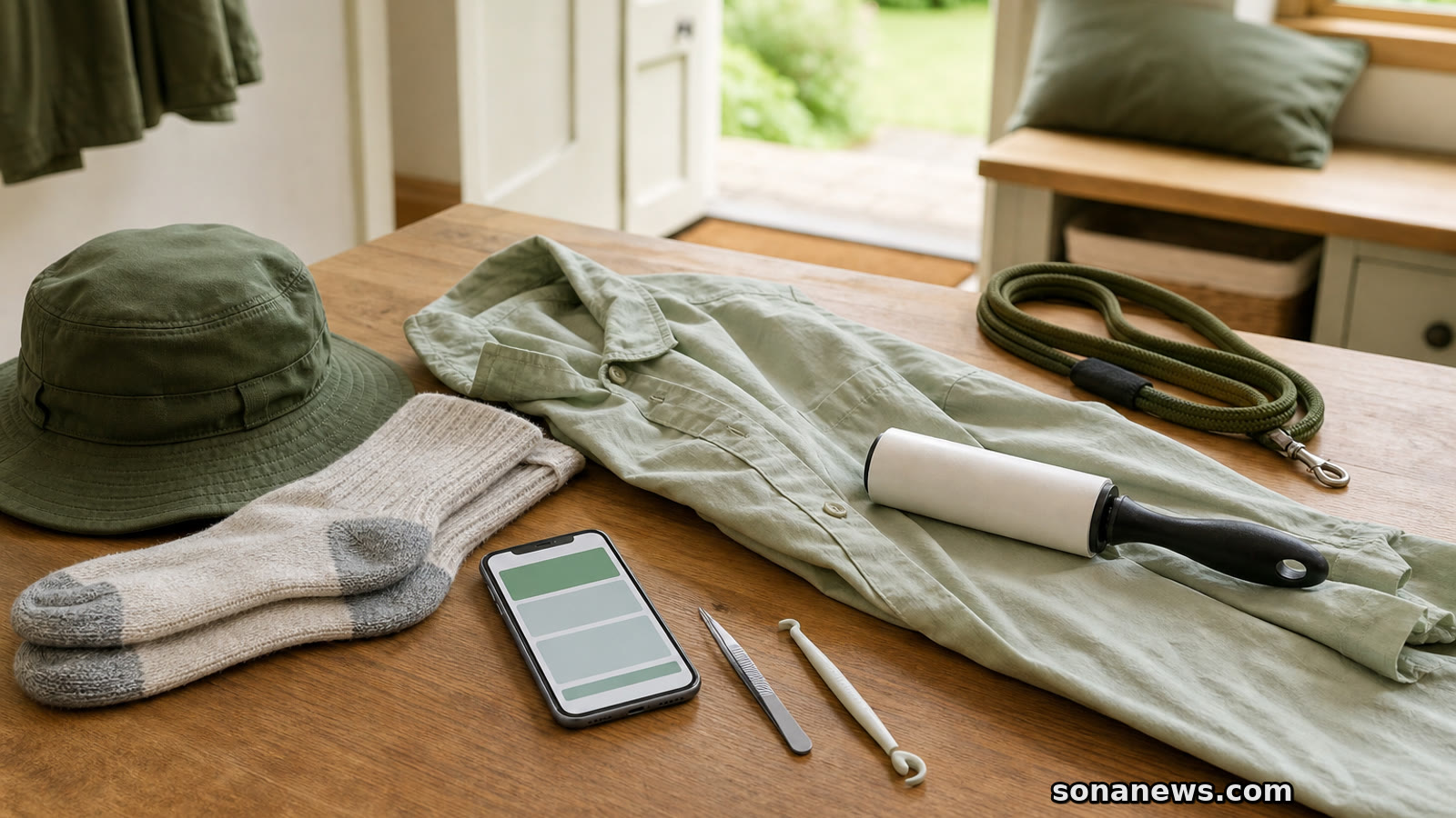 A hallway bench with hiking socks, tweezers and a phone showing a tick check reminder.