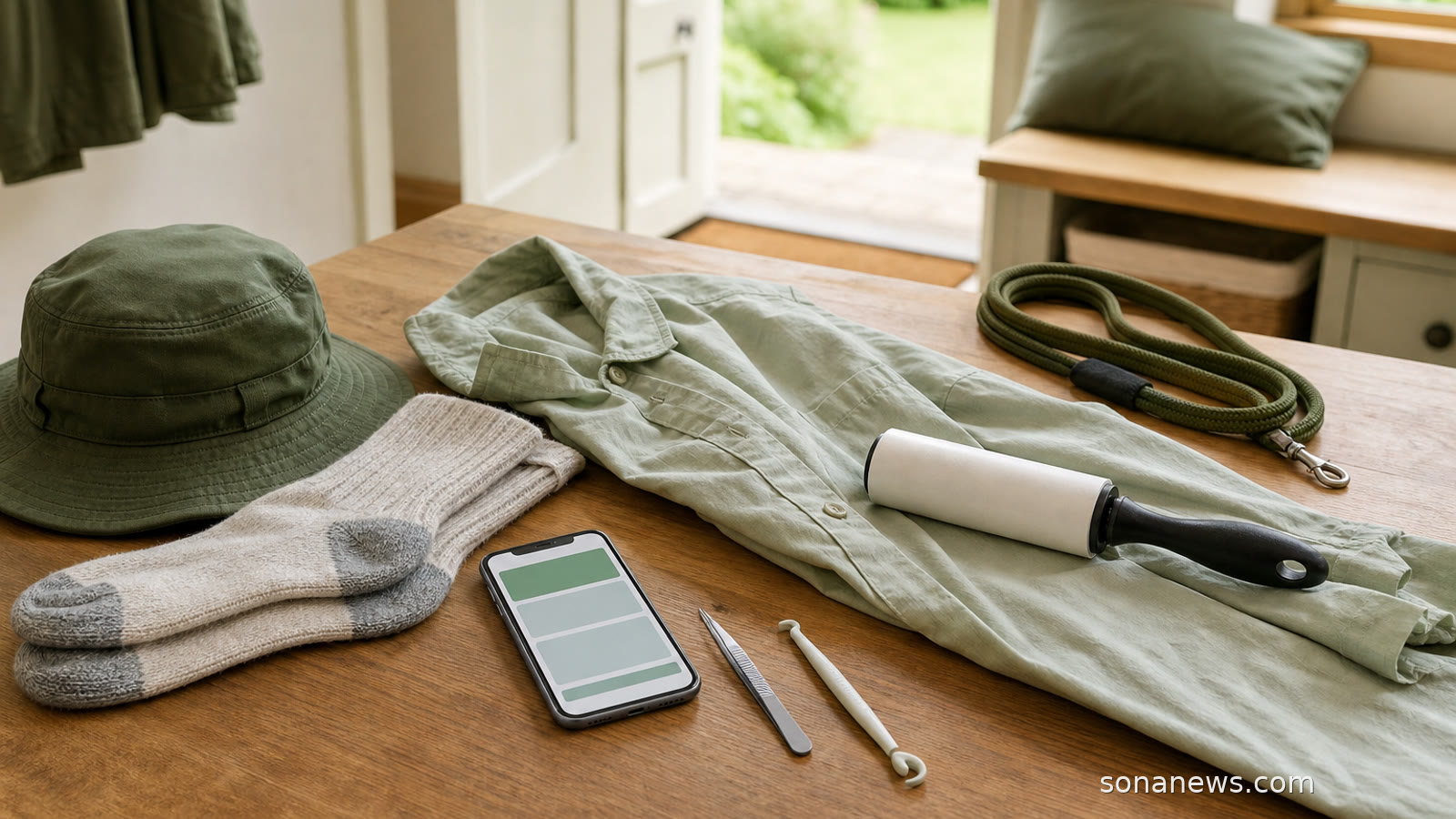 A hallway bench with hiking socks, tweezers and a phone showing a tick check reminder.