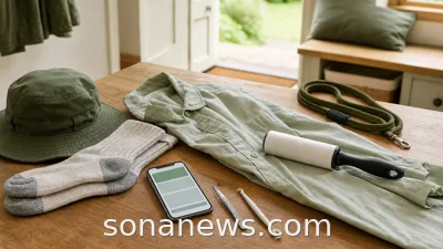 A hallway bench with hiking socks, tweezers and a phone showing a tick check reminder.