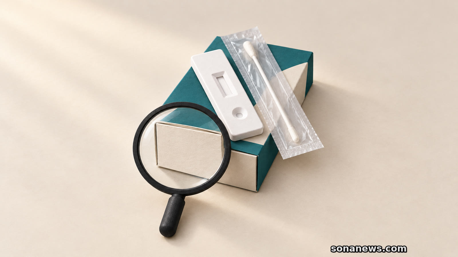 Illustration of a magnifying glass examining a home COVID test carton beside an unused rapid-test cassette and a wrapped nasal swab.