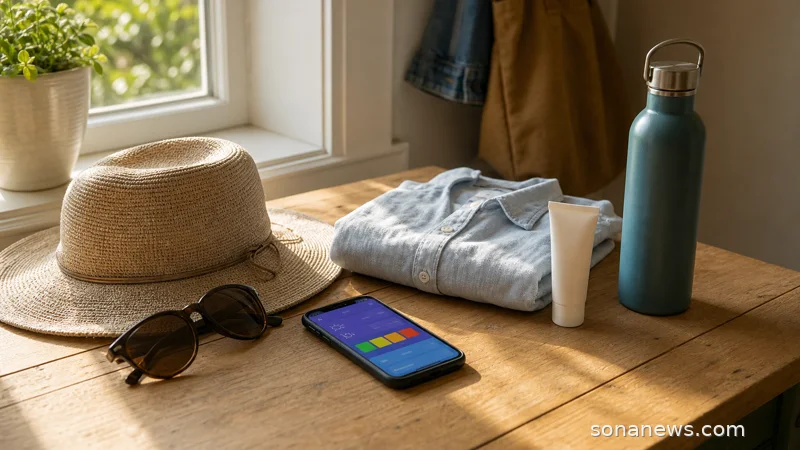 Morning sun safety items beside a phone showing abstract UV index colours.