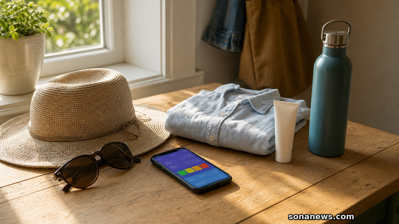 Morning sun safety items beside a phone showing abstract UV index colours.