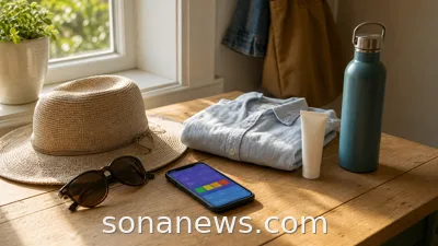 Morning sun safety items beside a phone showing abstract UV index colours.