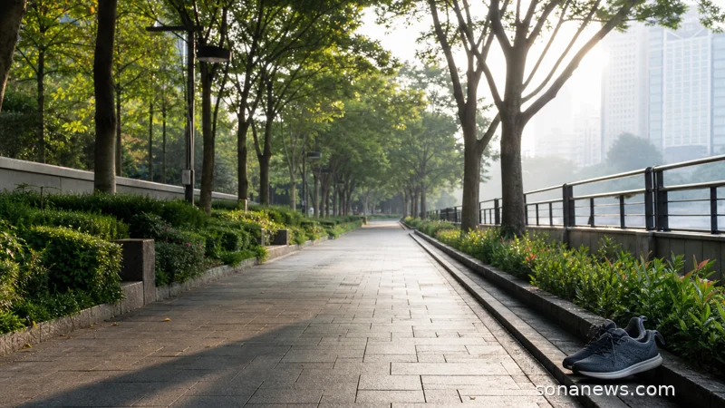 People walking on a quiet pavement in morning light, illustrating walking, prevention and ordinary physical activity for better health.