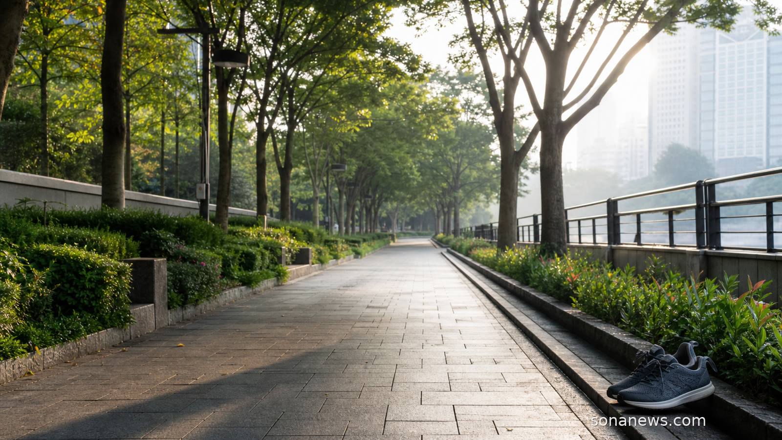 People walking on a quiet pavement in morning light, illustrating walking, prevention and ordinary physical activity for better health.