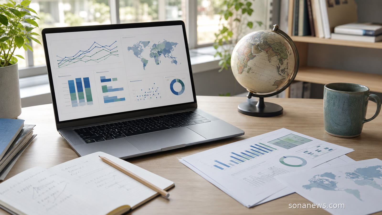 Laptop showing an abstract health statistics dashboard beside public health notes and global charts.