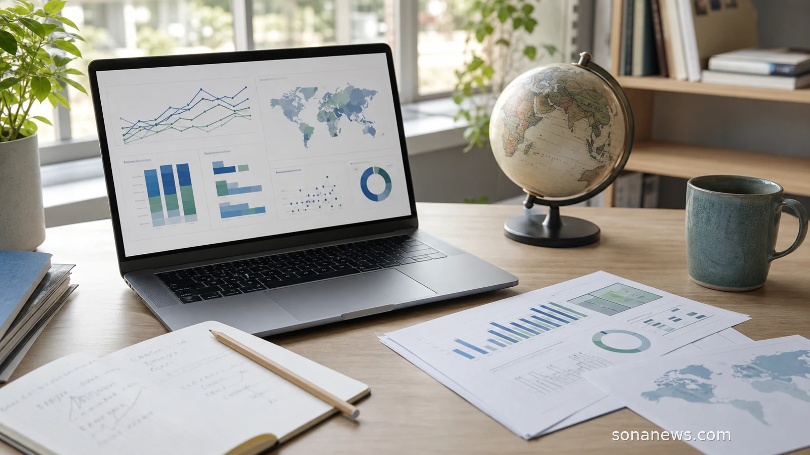 Laptop showing an abstract health statistics dashboard beside public health notes and global charts.