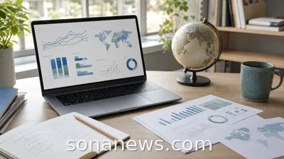 Laptop showing an abstract health statistics dashboard beside public health notes and global charts.
