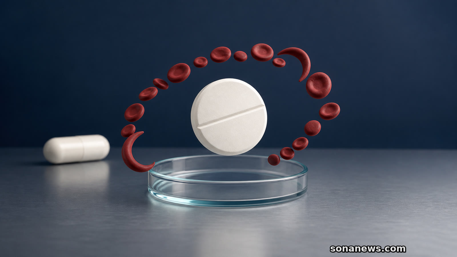 Conceptual scored tablet above a dissolution dish, framed by round and crescent red cells for sickle cell medicine access.