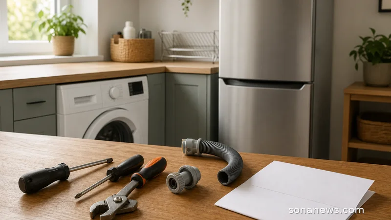 Attrezzi per riparazione e modulo di assistenza accanto a elettrodomestici domestici, per raccontare regole europee sulla riparazione e documentazione.