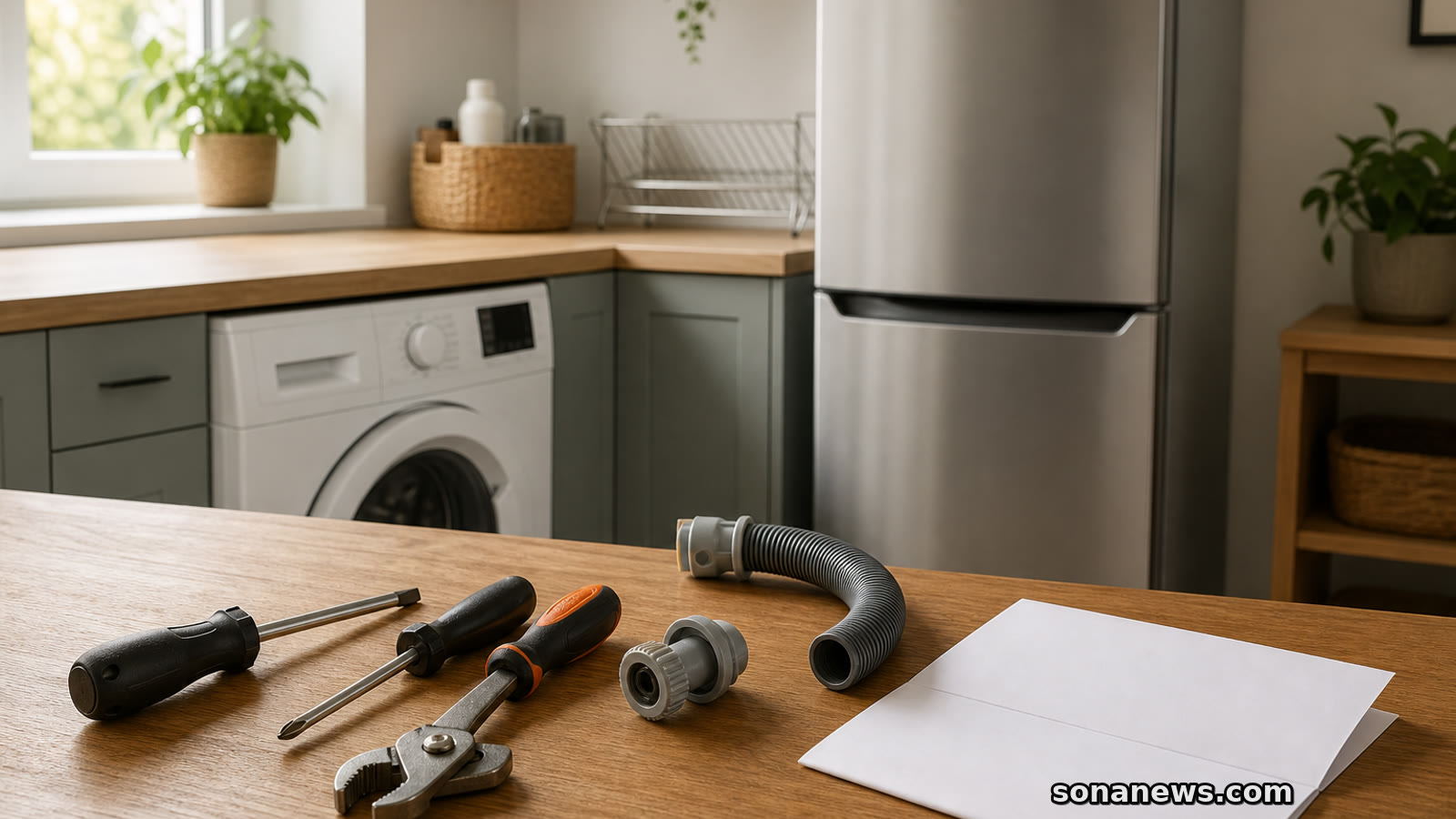 Repair tools and a service form beside home appliances, illustrating appliance repair rules, documentation and right-to-repair paperwork.