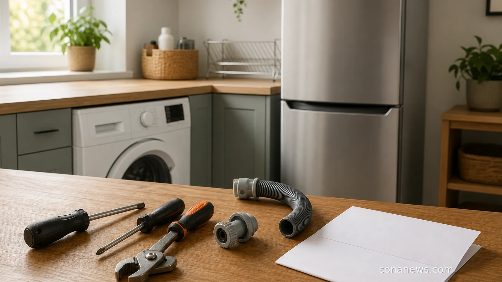 Attrezzi per riparazione e modulo di assistenza accanto a elettrodomestici domestici, per raccontare regole europee sulla riparazione e documentazione.