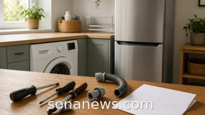 Repair tools and a service form beside home appliances, illustrating appliance repair rules, documentation and right-to-repair paperwork.