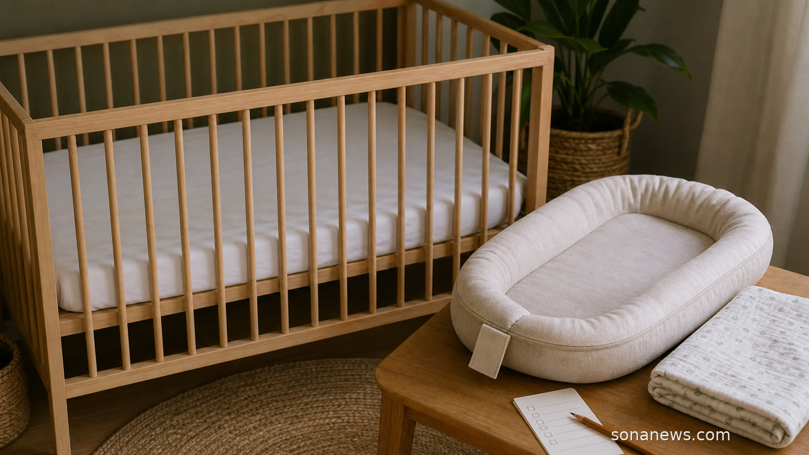 A calm nursery with a bare crib, fitted sheet and a baby lounger set aside for a sleep-space safety check.