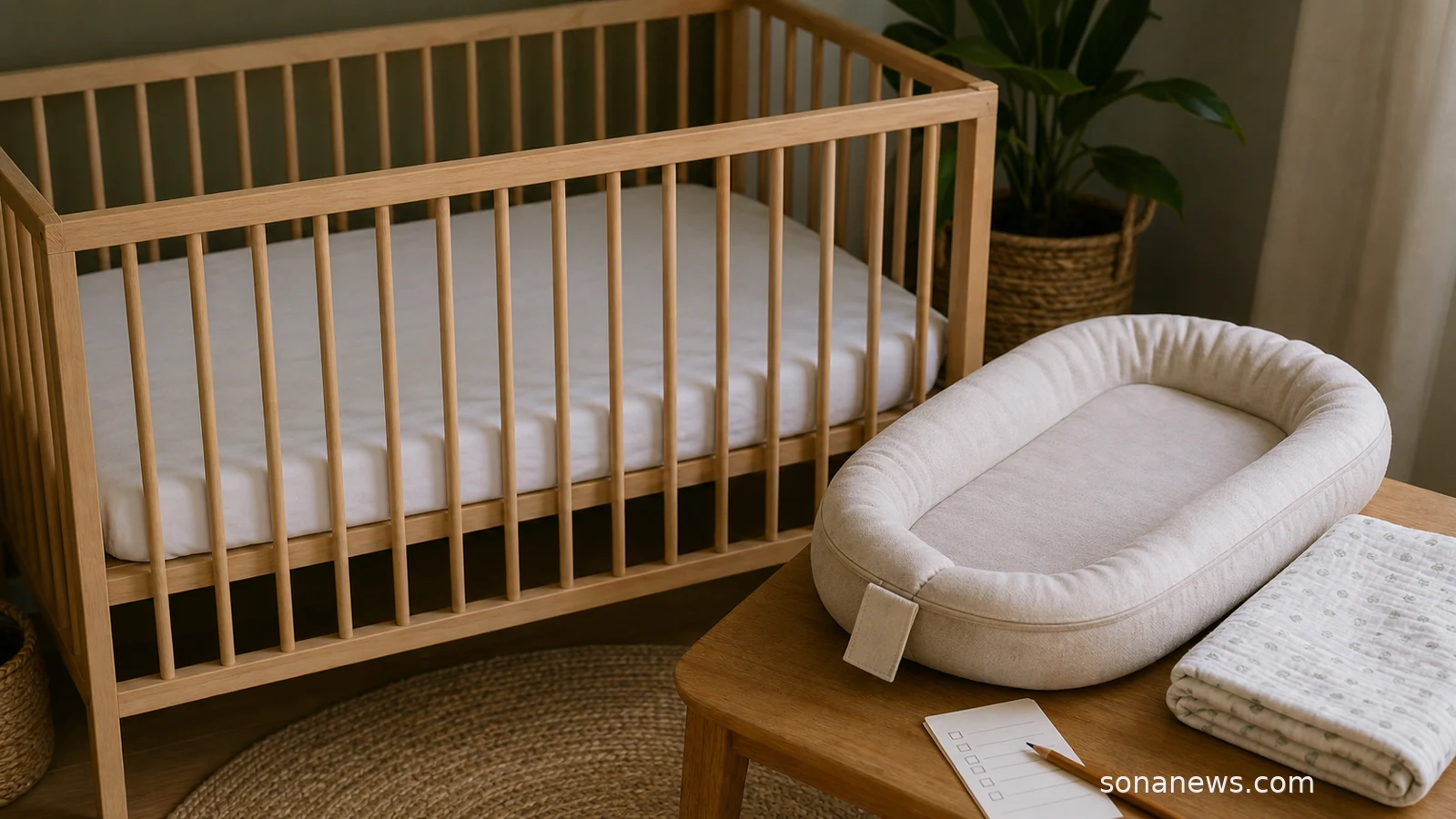 A calm nursery with a bare crib, fitted sheet and a baby lounger set aside for a sleep-space safety check.