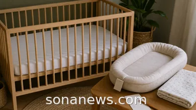 A calm nursery with a bare crib, fitted sheet and a baby lounger set aside for a sleep-space safety check.