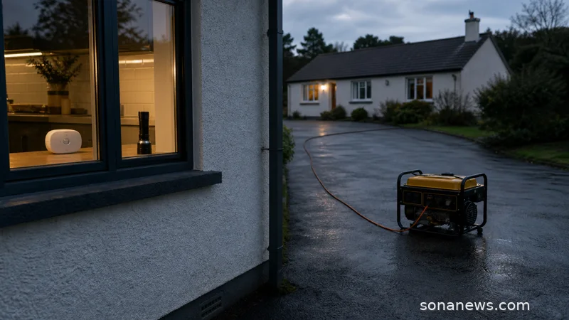 Portable generator on open driveway away from a house with carbon monoxide alarm visible indoors.