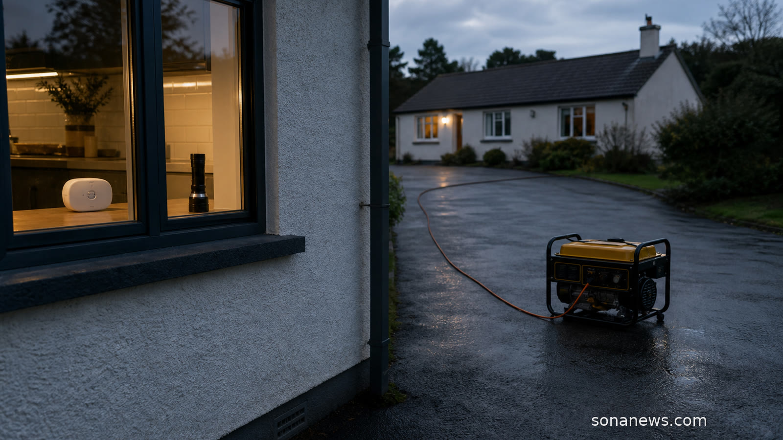 Portable generator on open driveway away from a house with carbon monoxide alarm visible indoors.