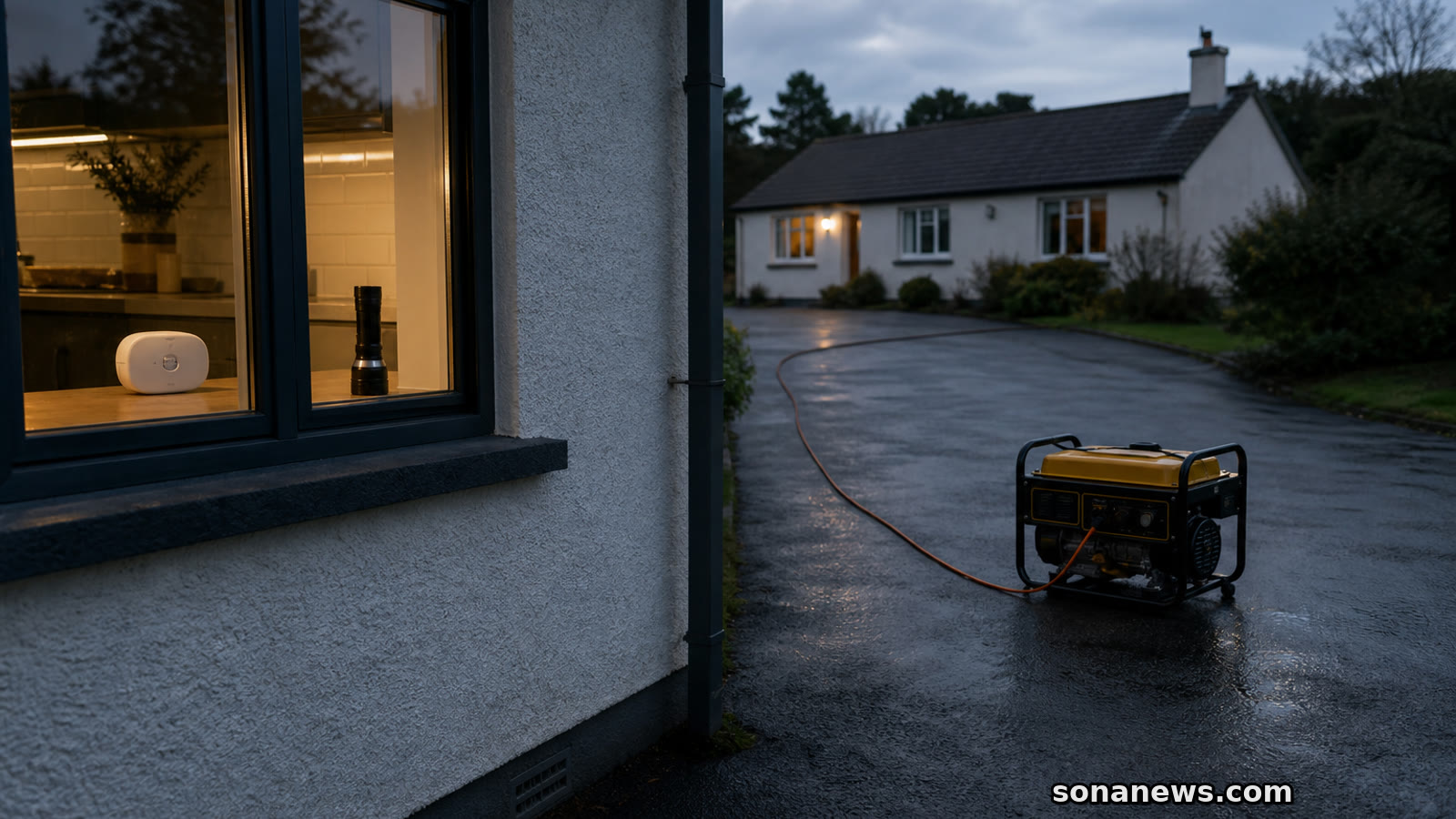 Portable generator on open driveway away from a house with carbon monoxide alarm visible indoors.