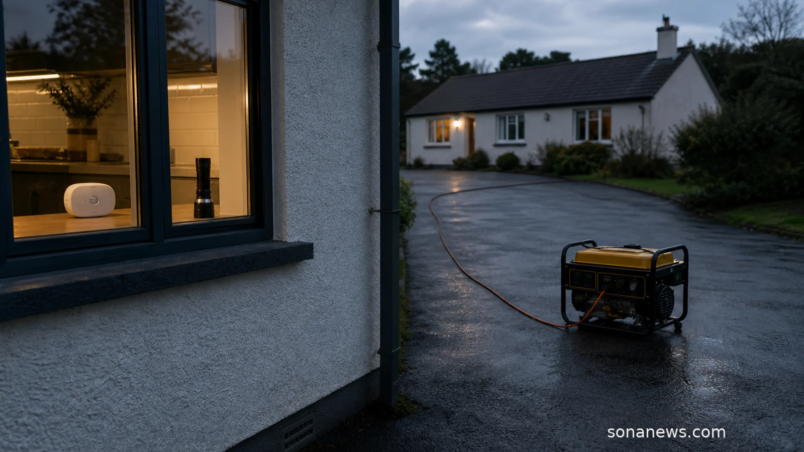 Portable generator on open driveway away from a house with carbon monoxide alarm visible indoors.
