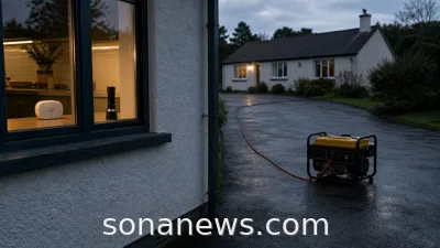 Portable generator on open driveway away from a house with carbon monoxide alarm visible indoors.
