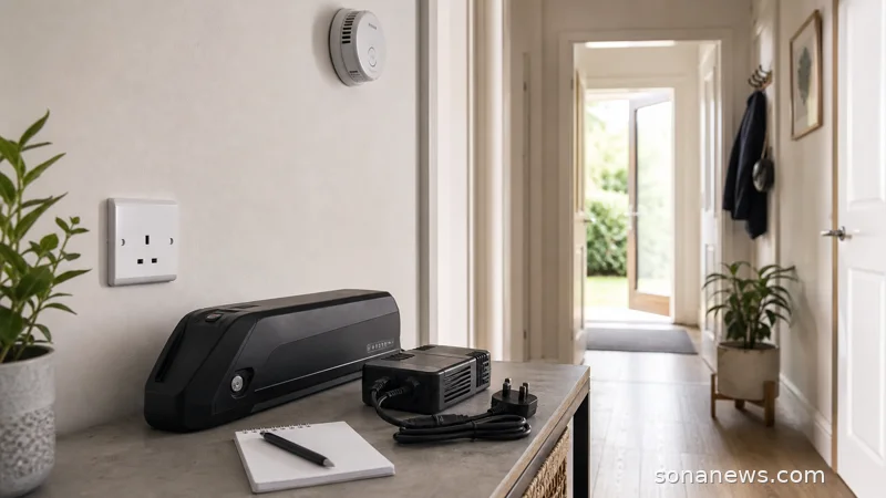 A generic e-bike lithium-ion battery and charger on a clear home table near an open doorway for a charging safety check.