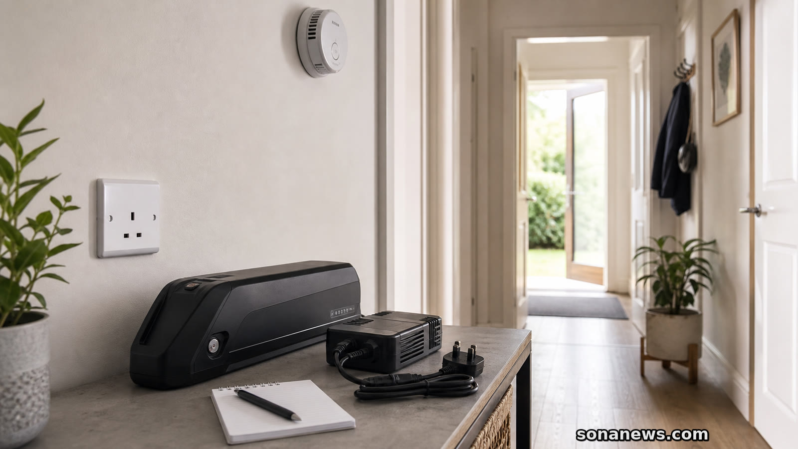 A generic e-bike lithium-ion battery and charger on a clear home table near an open doorway for a charging safety check.