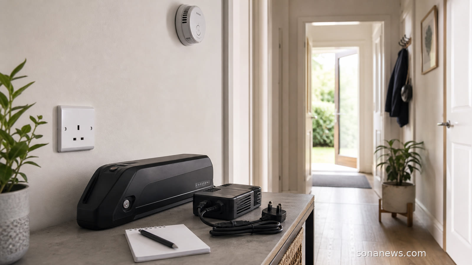 A generic e-bike lithium-ion battery and charger on a clear home table near an open doorway for a charging safety check.