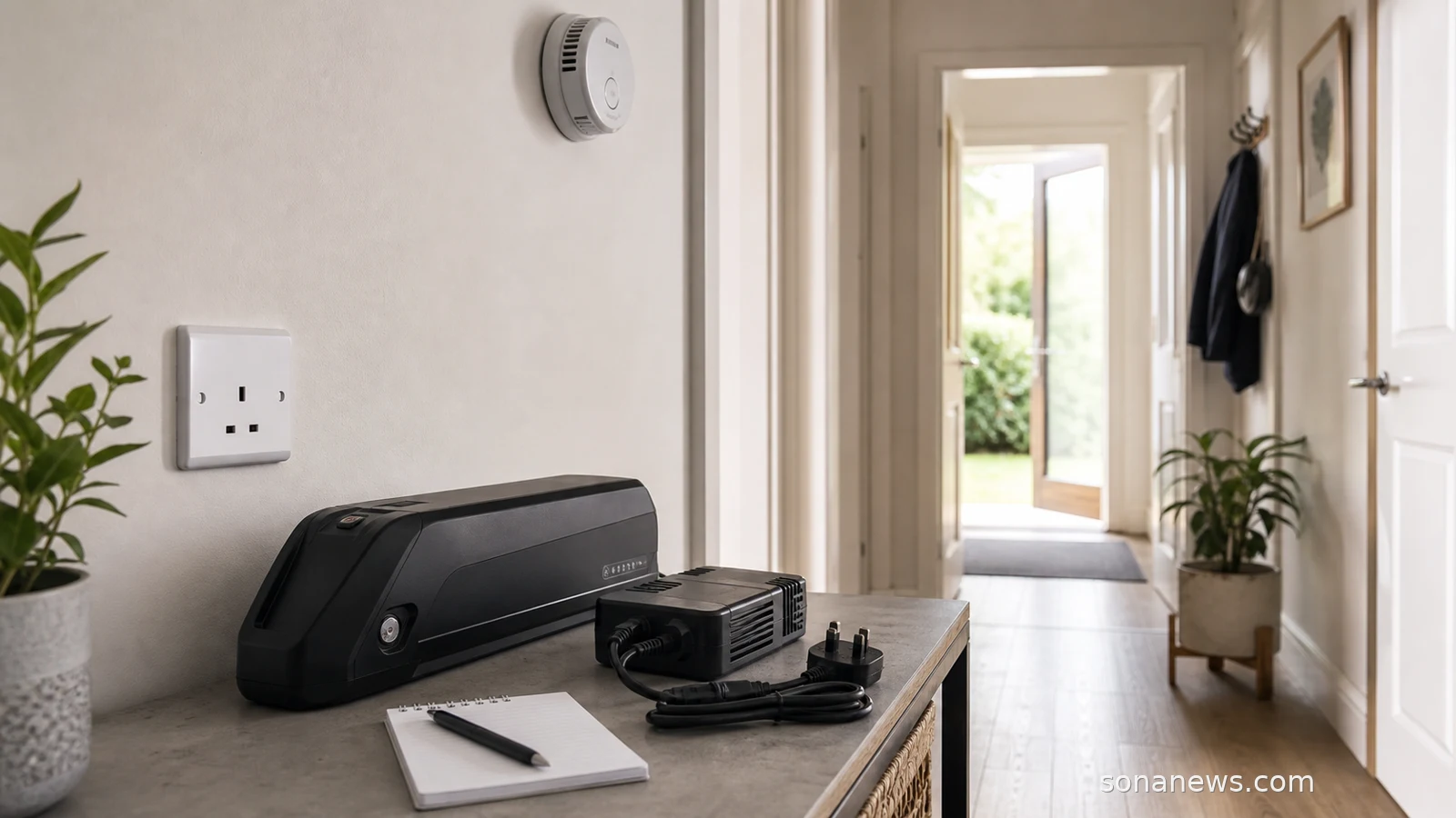 A generic e-bike lithium-ion battery and charger on a clear home table near an open doorway for a charging safety check.