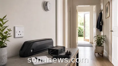 A generic e-bike lithium-ion battery and charger on a clear home table near an open doorway for a charging safety check.