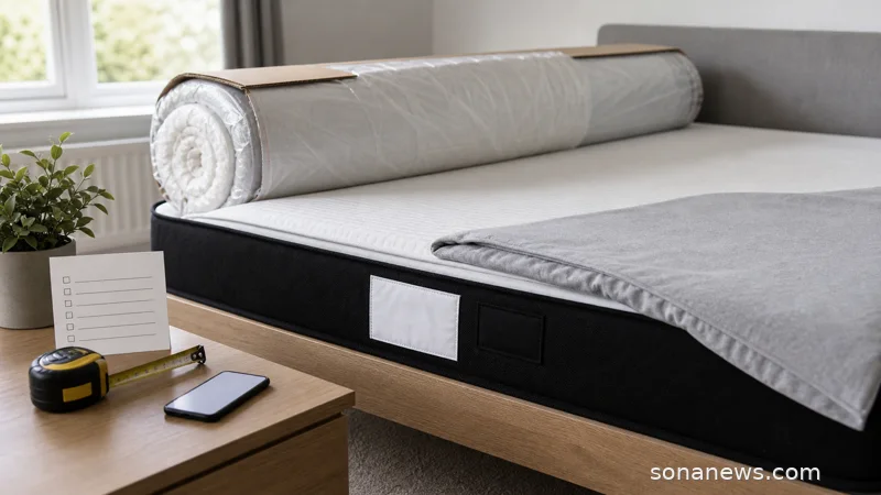 Unbranded boxed mattress in a spare bedroom with sewn labels, fitted cover and flammability recall checklist.