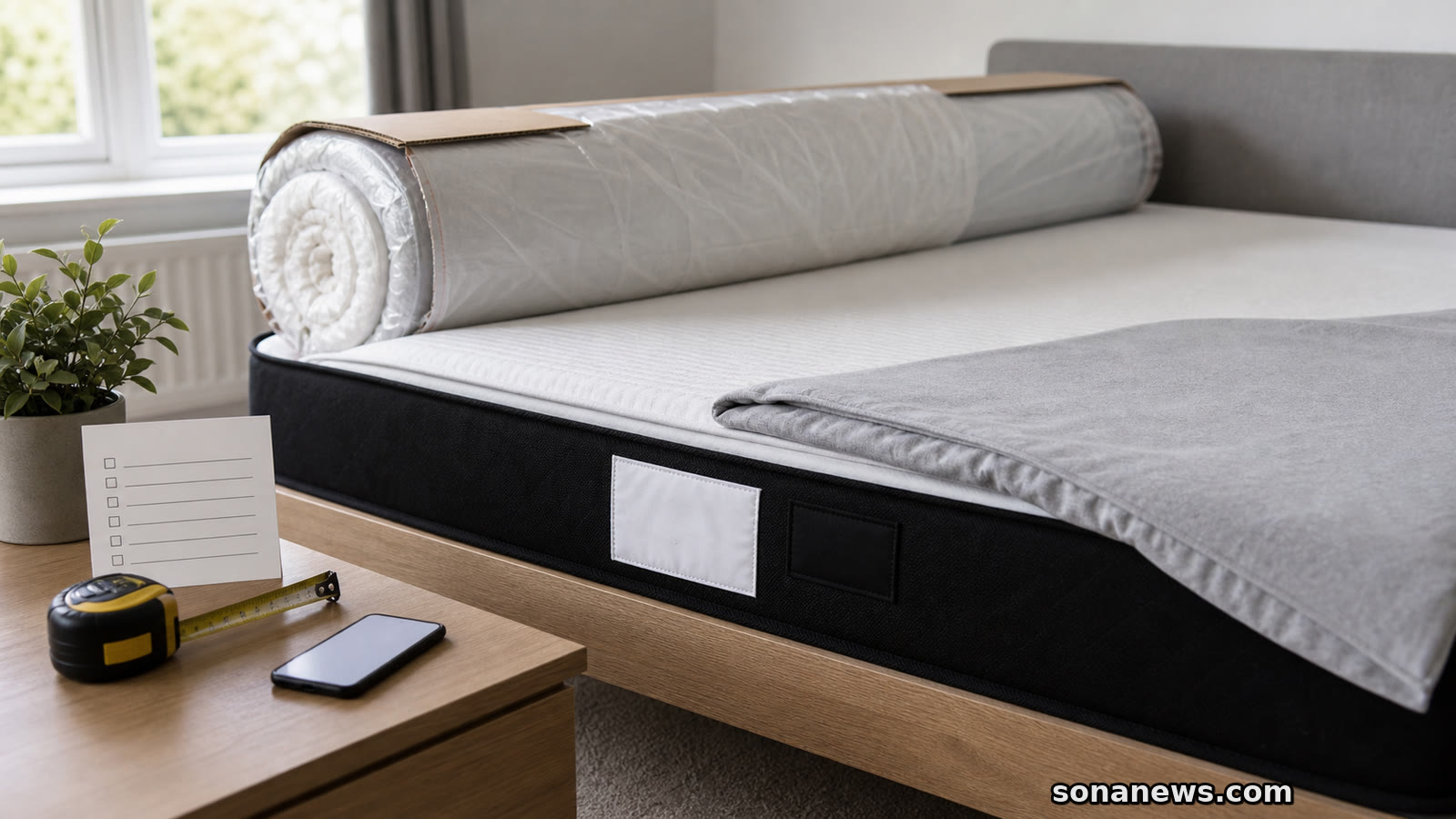 Unbranded boxed mattress in a spare bedroom with sewn labels, fitted cover and flammability recall checklist.
