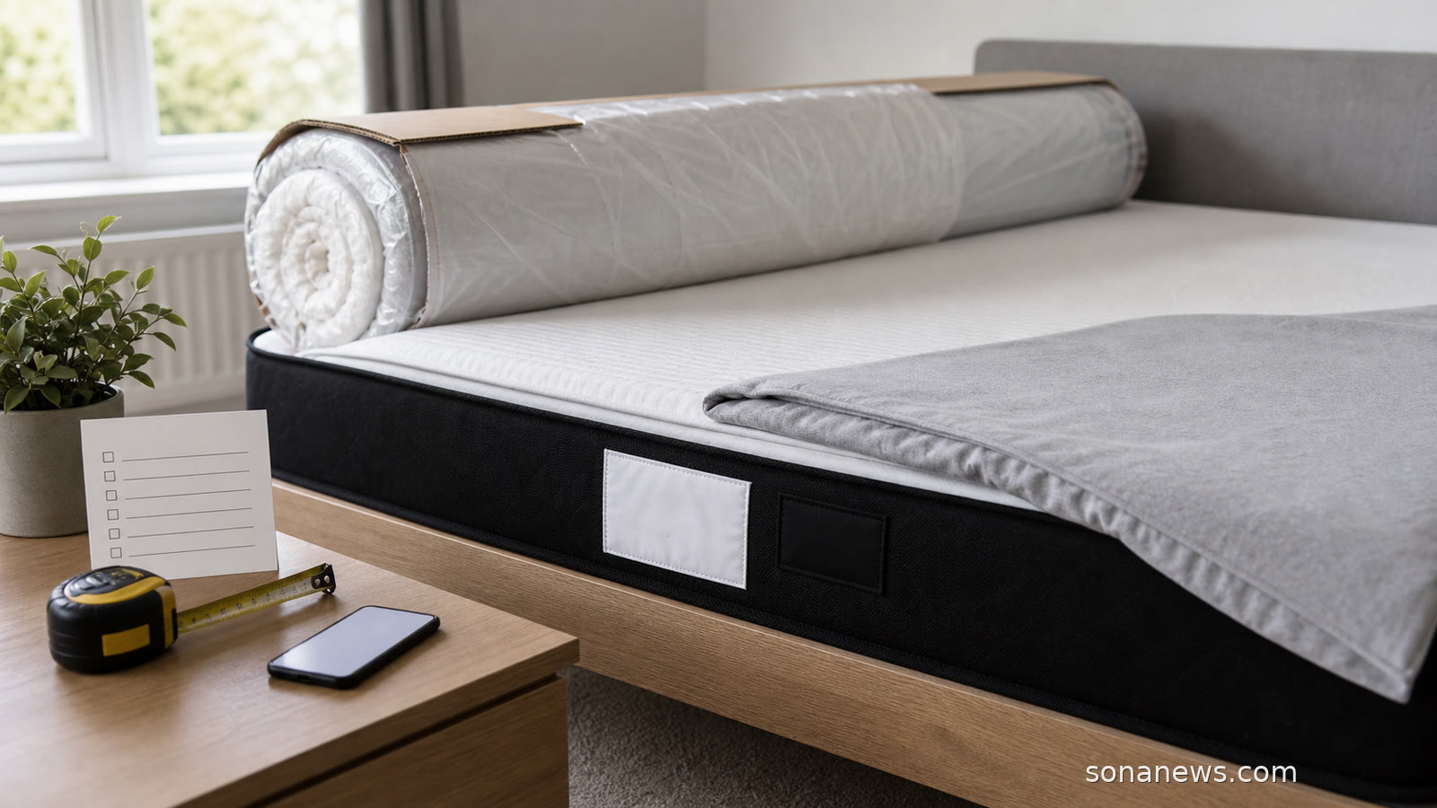 Unbranded boxed mattress in a spare bedroom with sewn labels, fitted cover and flammability recall checklist.