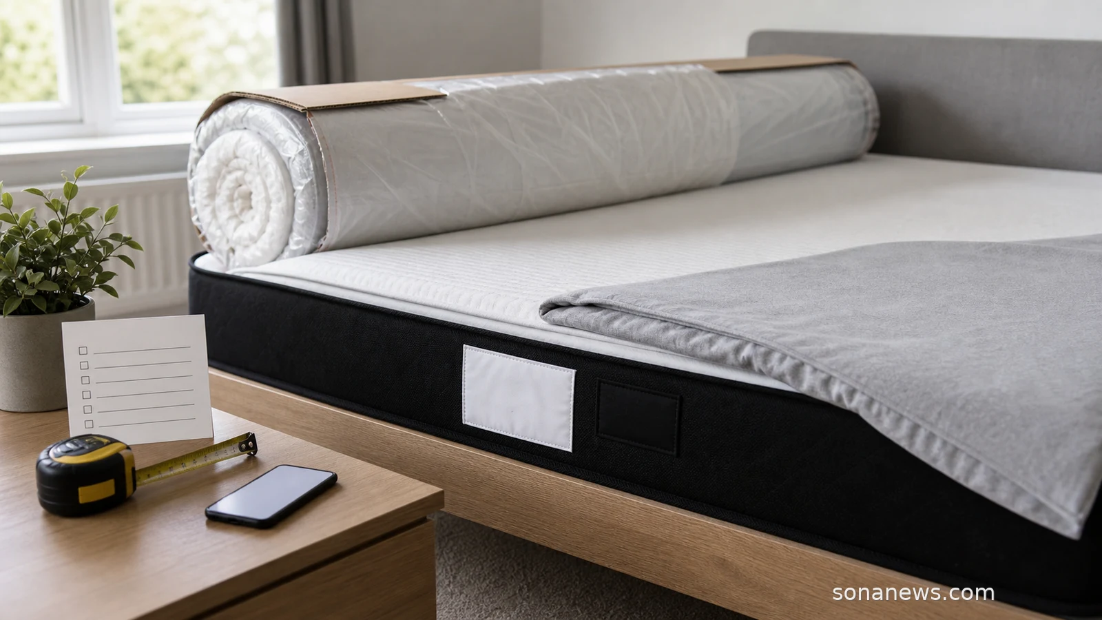 Unbranded boxed mattress in a spare bedroom with sewn labels, fitted cover and flammability recall checklist.