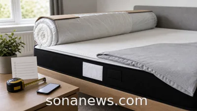 Unbranded boxed mattress in a spare bedroom with sewn labels, fitted cover and flammability recall checklist.