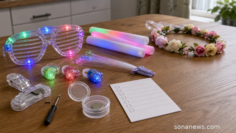 Unbranded light-up party favours on a table beside a secured button-battery compartment and recall checklist.