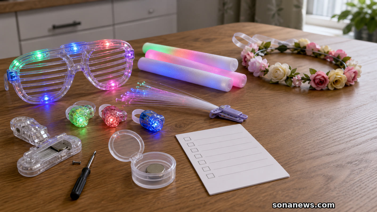 Unbranded light-up party favours on a table beside a secured button-battery compartment and recall checklist.