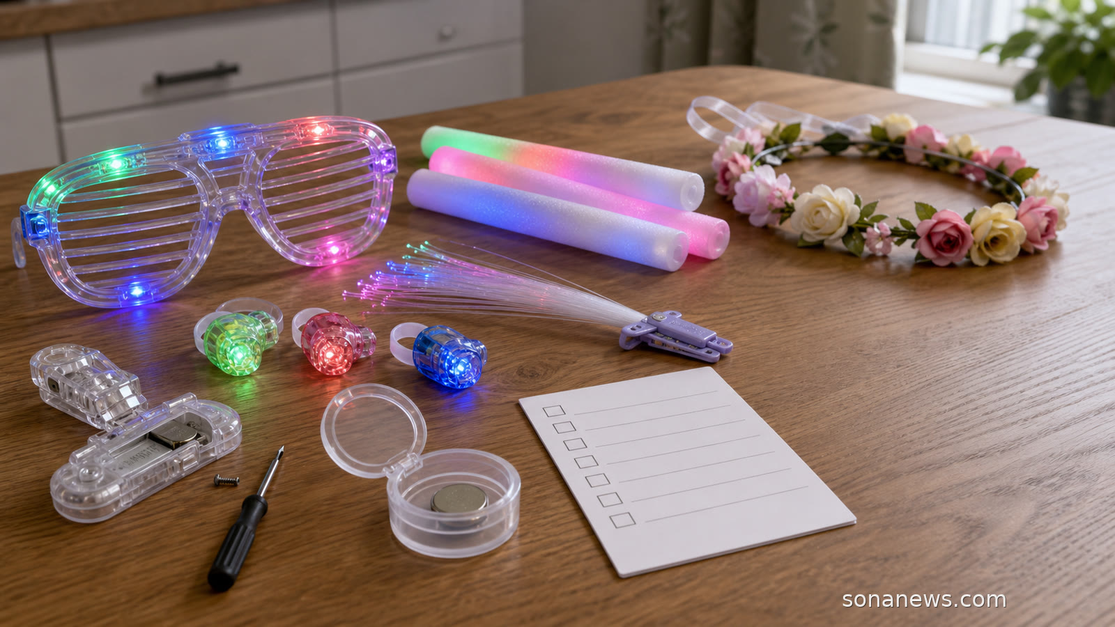 Unbranded light-up party favours on a table beside a secured button-battery compartment and recall checklist.