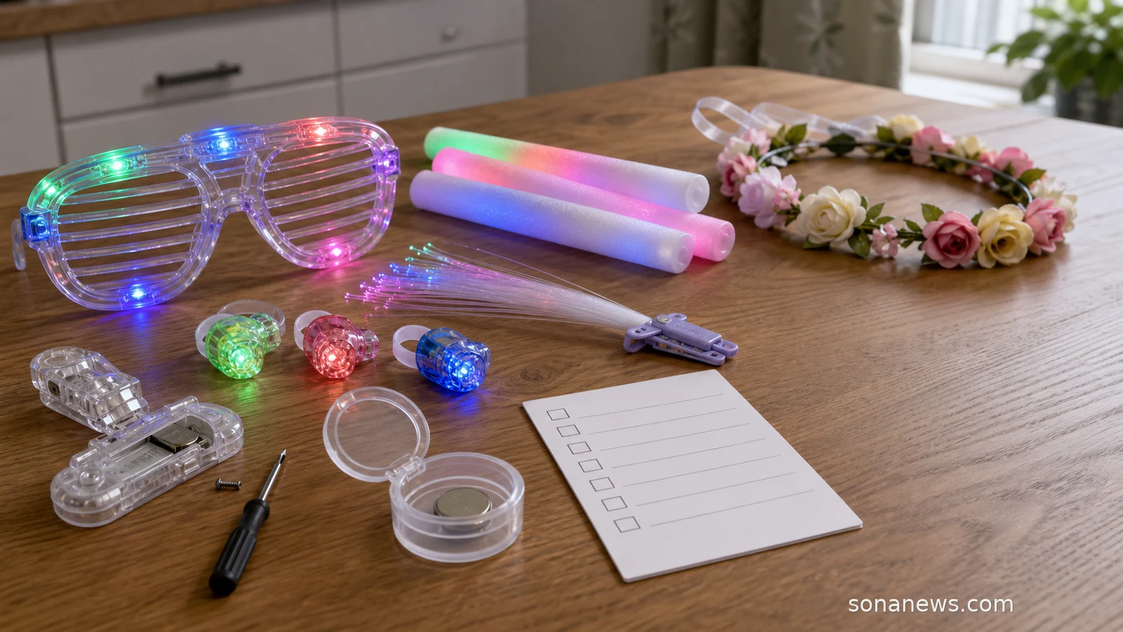 Unbranded light-up party favours on a table beside a secured button-battery compartment and recall checklist.