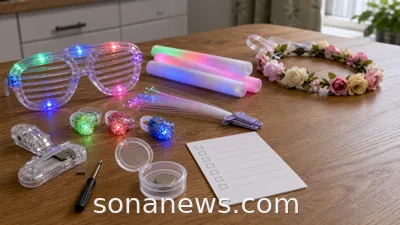 Unbranded light-up party favours on a table beside a secured button-battery compartment and recall checklist.