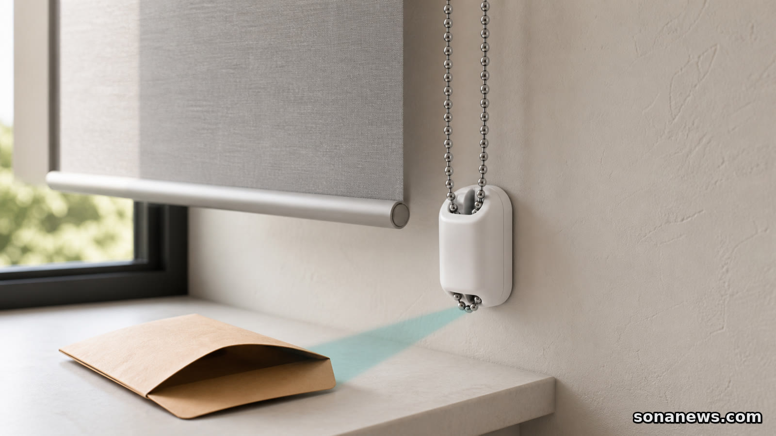 Beaded solar-shade chain passing through an unbranded wall tension device beside a plain replacement-parts envelope.