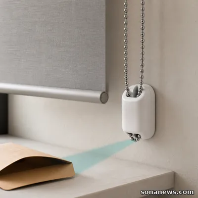 Beaded solar-shade chain passing through an unbranded wall tension device beside a plain replacement-parts envelope.