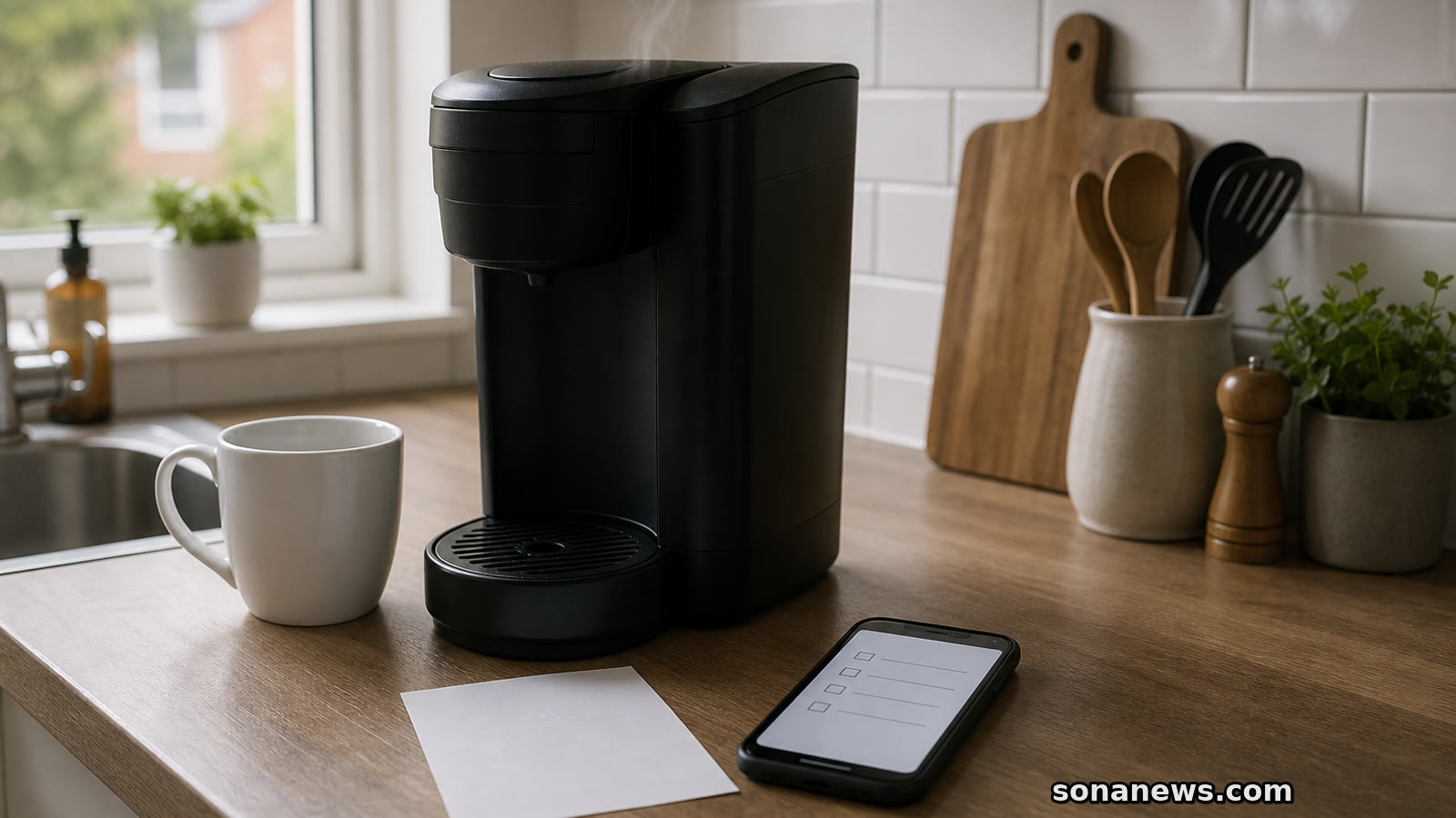 Unplugged single-serve coffee maker on a kitchen counter with a phone checklist for a recall safety check.