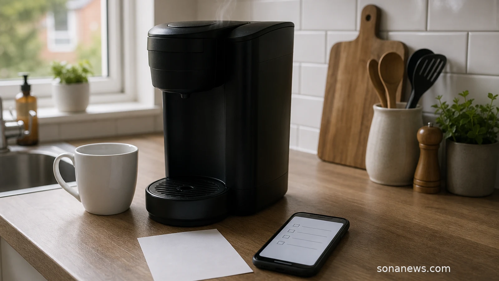 Unplugged single-serve coffee maker on a kitchen counter with a phone checklist for a recall safety check.